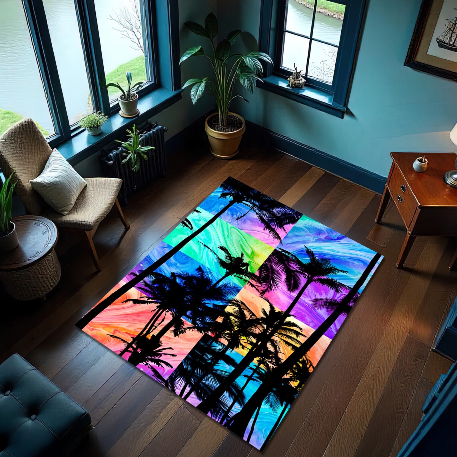 Palm Tree Themed Colorful Rug Nonslip Botanic Mat Coastal Nautical Carpet