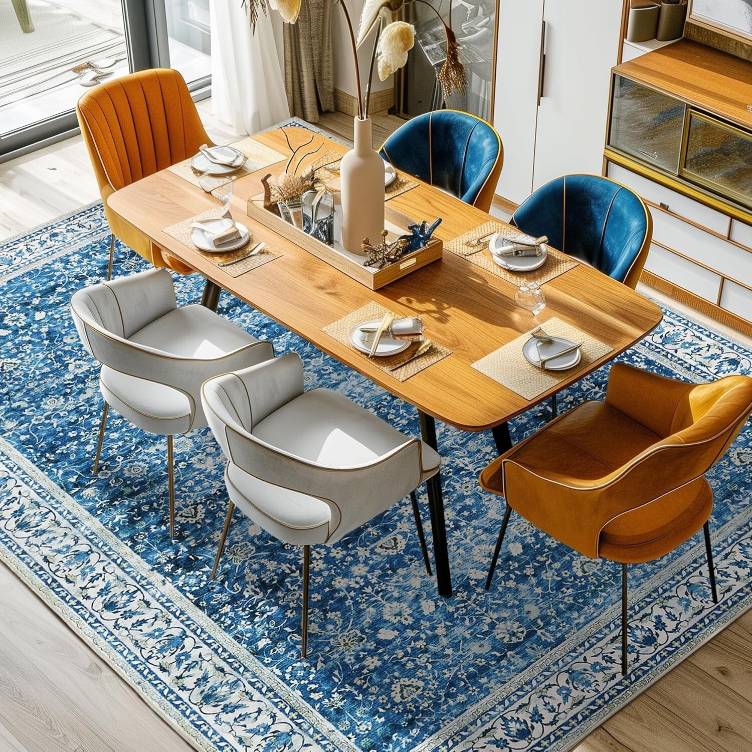 Andency Washable Living Room Area Rug 8×10, Blue Vintage Boho Non-Slip Carpet