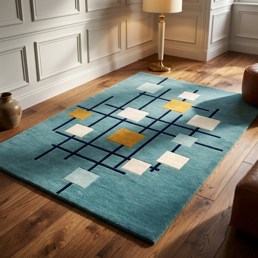 Modern Abstract Hand-Tufted Wool Area Rug Teal Geometric Living Room Carpet Rug