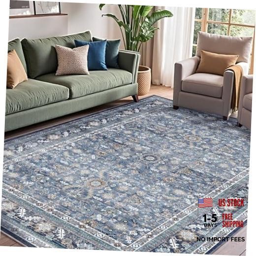 Vintage Blue Area Rugs 8×10, 8 x 10 Retro Washable Rug Non Slip, Low-Pile