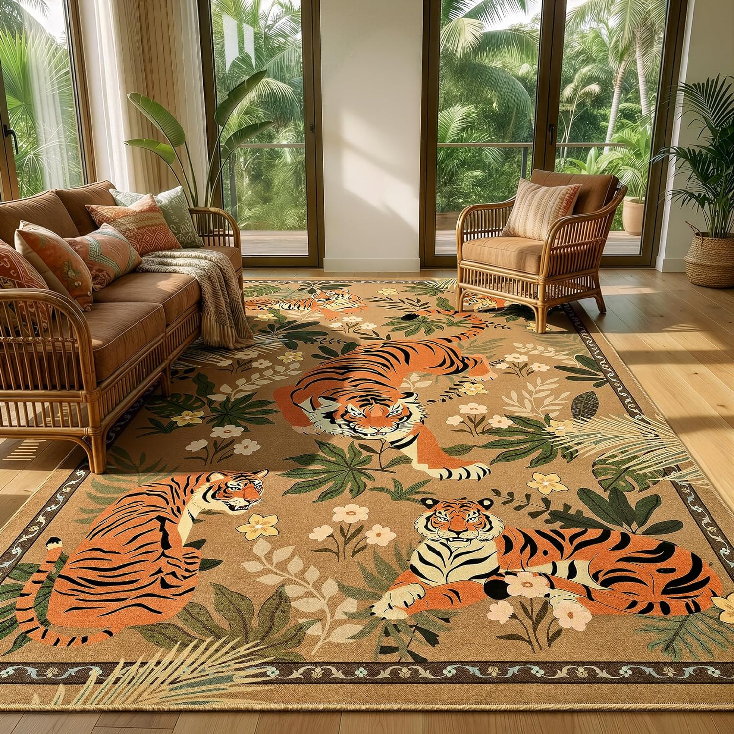 Vintage Tiger Area Rug 8×10, Washable Non-Slip Boho Carpet for Living Room