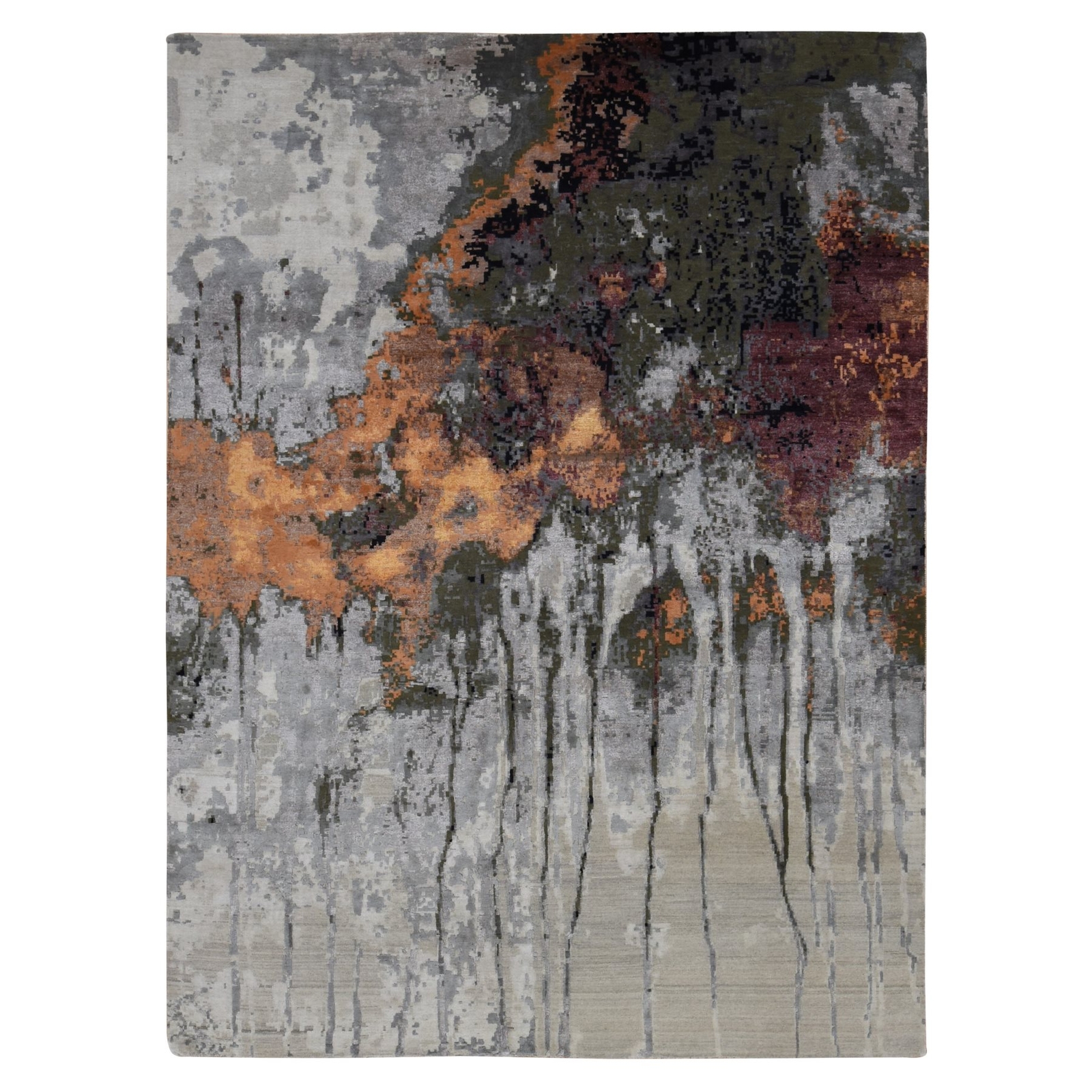 8’10″x12’3″ Gray Abstract Dripping Design Wool and Silk Hand Knotted Rug R87114