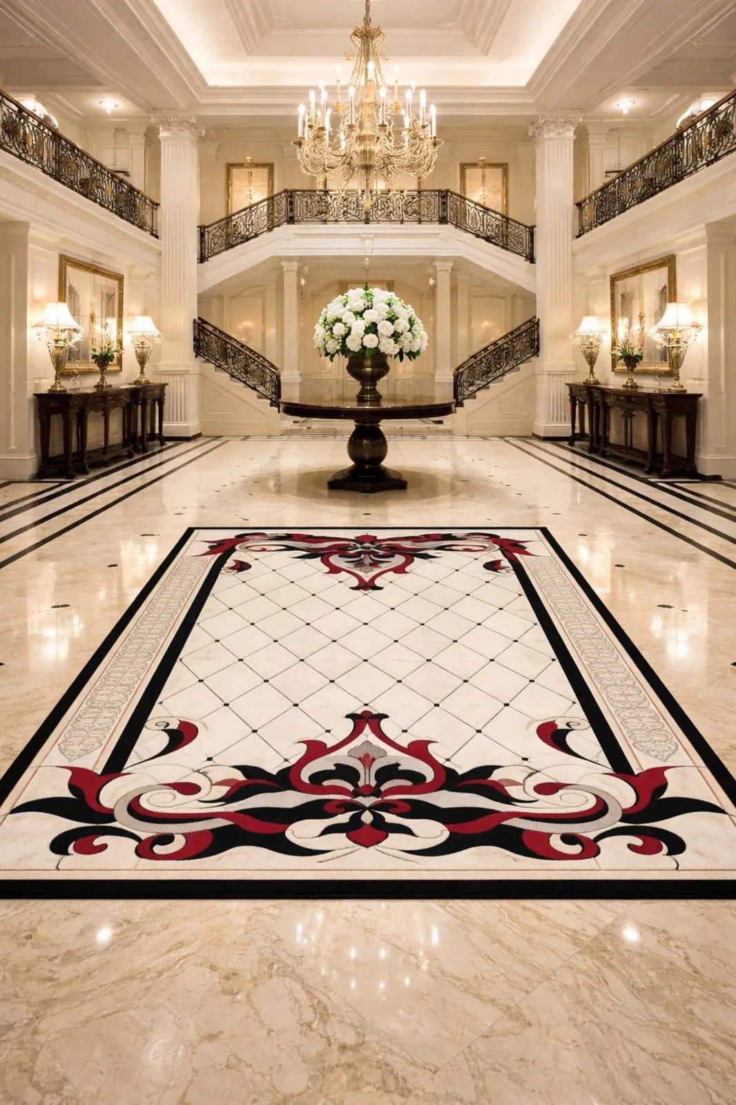 Hand Tufted Vintage Floral Border Rug Cream Red Black Classic Diamond Pattern
