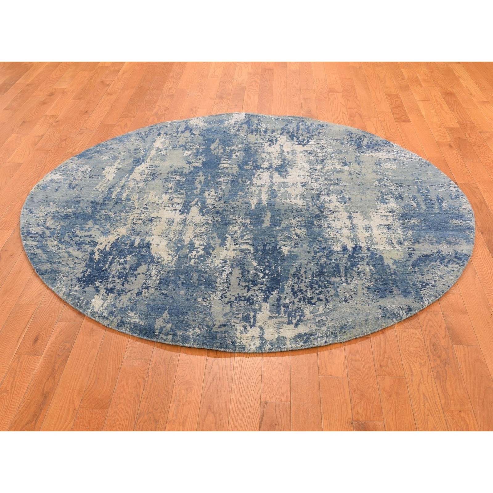 6’2″x6’2″ Round Abstract Design Wool and Pure Silk Blue Hand Knotted Rug R66755
