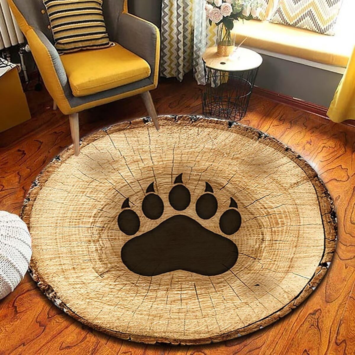 Qmkmyy Rustic Bear Animal Paw Print Rugs 6Ft for Living Room Balcony Tree Rin…