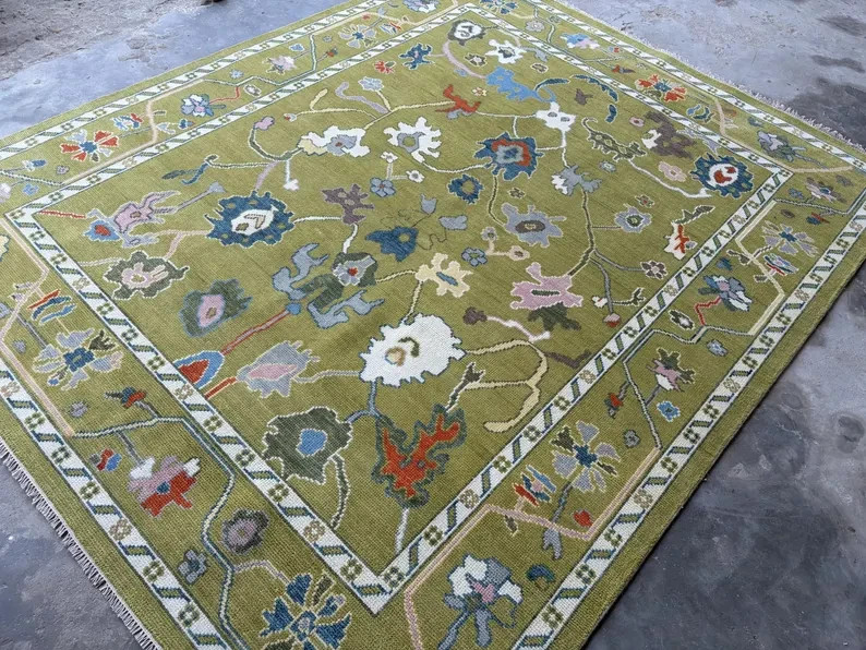 Handmade Green Oushak Rug: New Zealand Wool Turkish Carpet Lime Green
