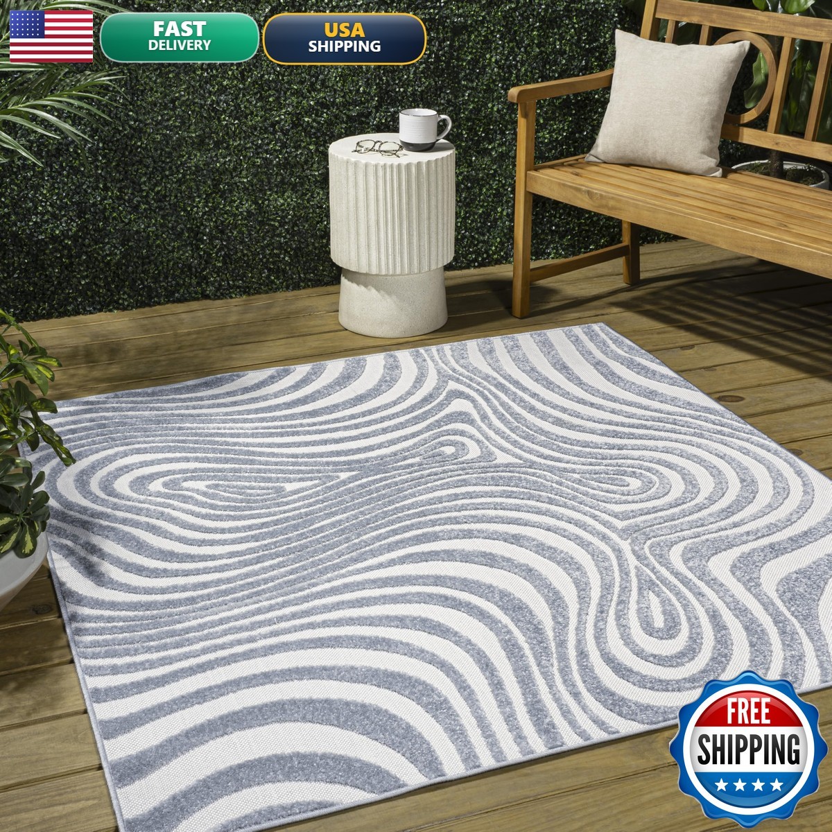 JONATHAN Y Maribo Light Blue/Ivory 5×5 Square Indoor/Outdoor Area Rug