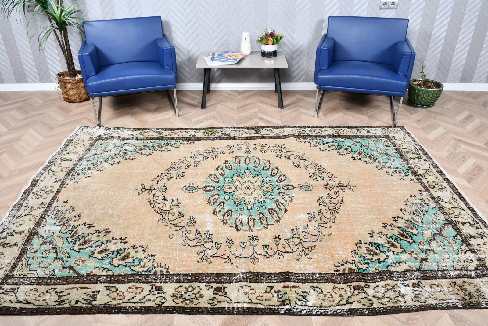 5,9×8,9 ft Vintage Rug, Turkish Large Rug, Blue Animal Print Wool Rug