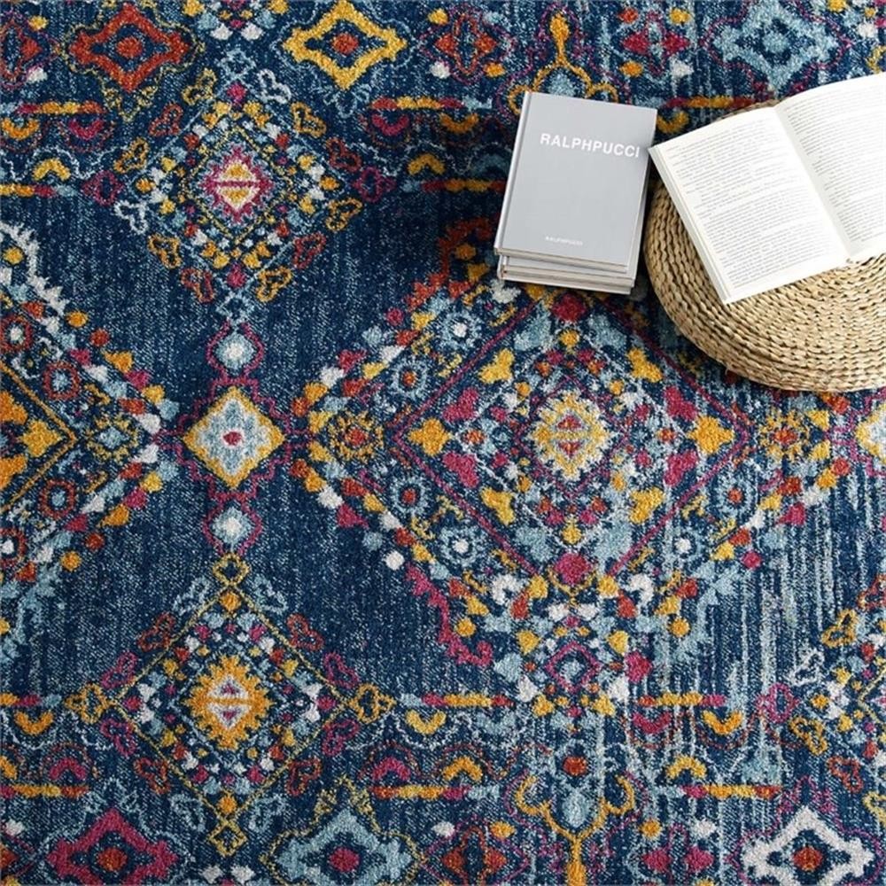 Modway Entourage 94.5×122″ Khalida Floral Lattice Area Rug – Blue/Orange/Yellow