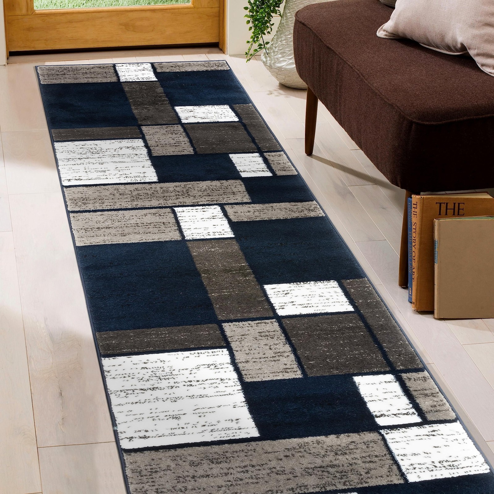 Rugshop Contemporary Modern Boxes Runner Rug 2′ x 7’2″Navy Navy