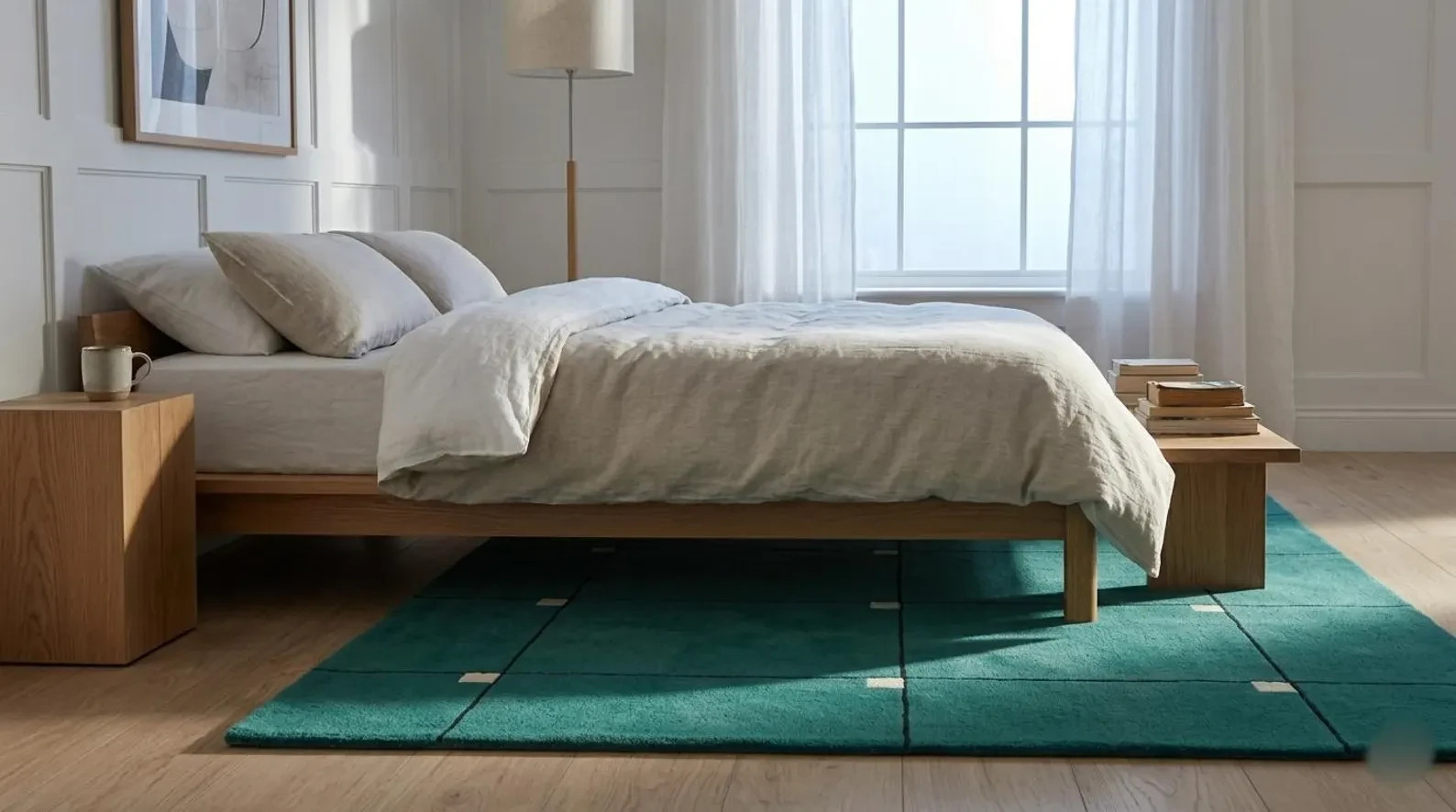 Modern Teal Green Geometric Wool Rug Hand Tufted Grid Pattern Area Rug Carpet