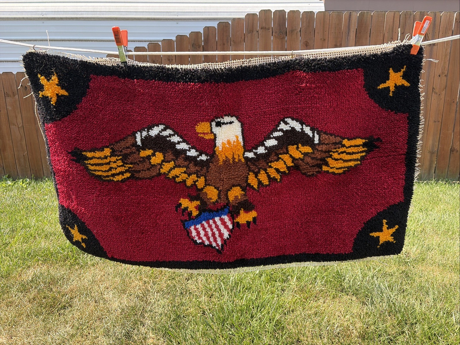 Rug Hand Crafted Retro 70s Wall Hanging Eagle Red Black Stars Hook USA 4th July