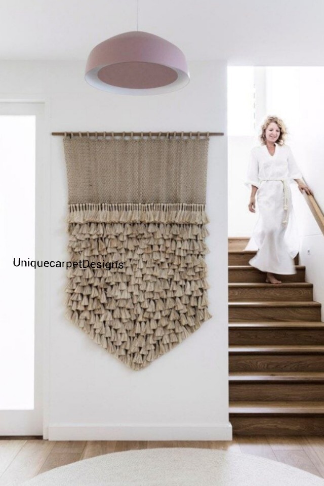 Wall hanging carpet,material,jute and visscose silk and wood rod for living room