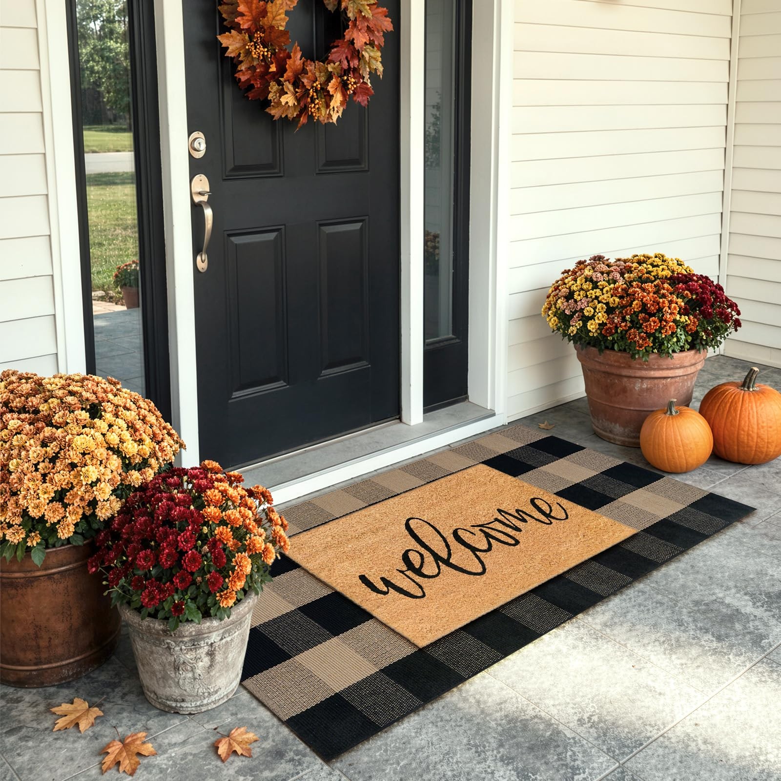 LEEVAN Buffalo Plaid Outdoor Door Mat, Washable Checkered Layering Rug