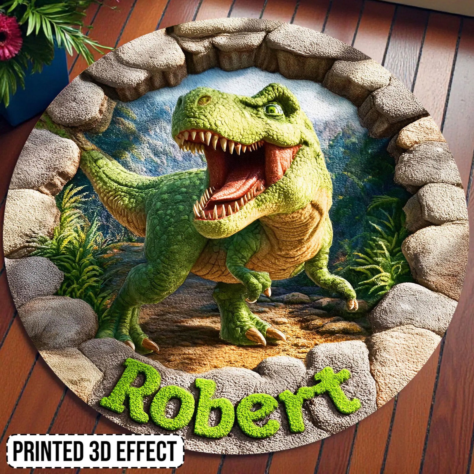 Custom Name Dinosaur Rug Kids Room Realistic 3D T-Rex Round Mat Birthday Gift