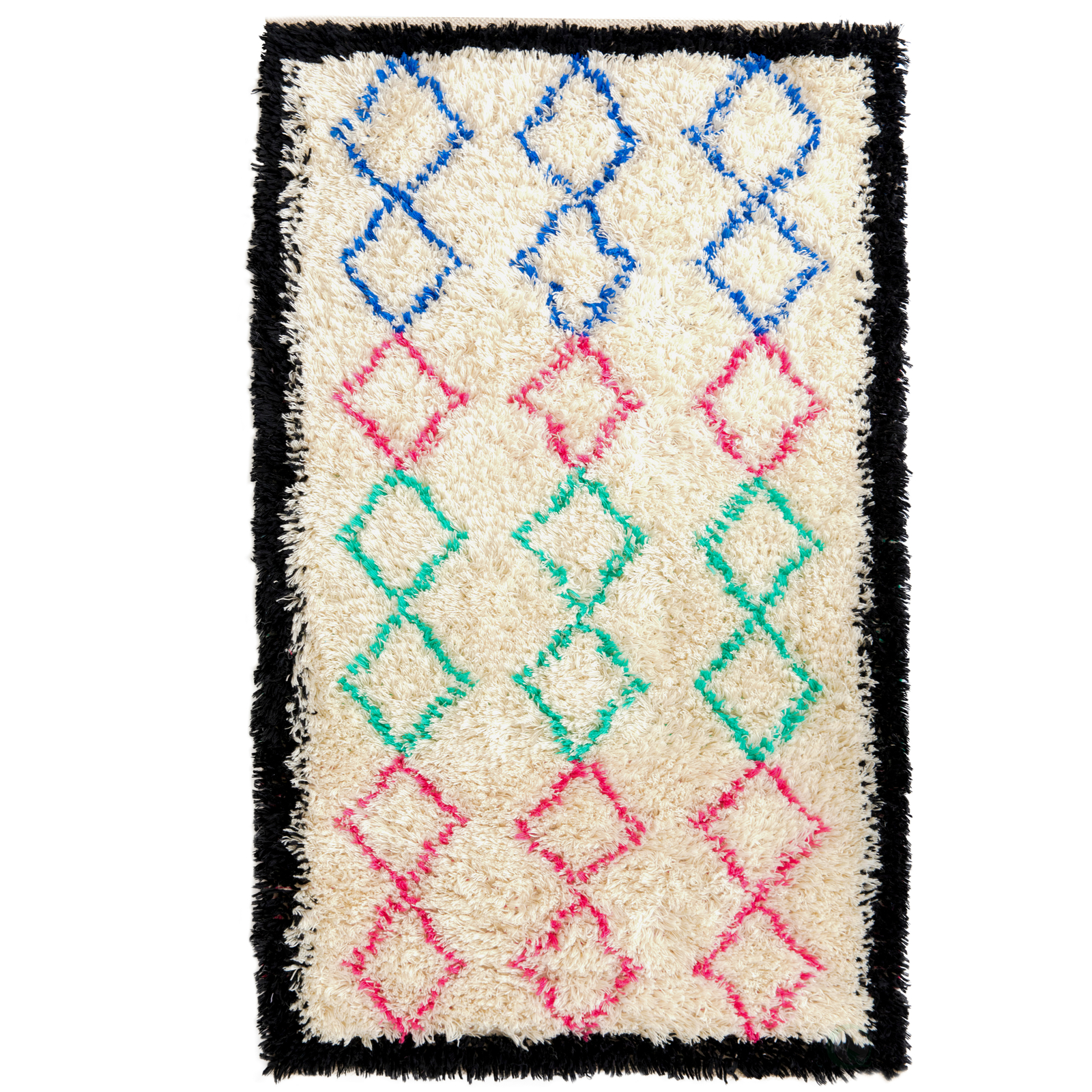 New Handwoven Multicolored Geometric Trellis Plush Wool Shag Area Rug, 3′ x 5′