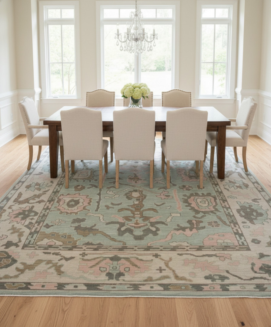 Hand-Knotted Oushak Style Rug – 8×10 Large Area Rug – Sage Green & Blush Pink