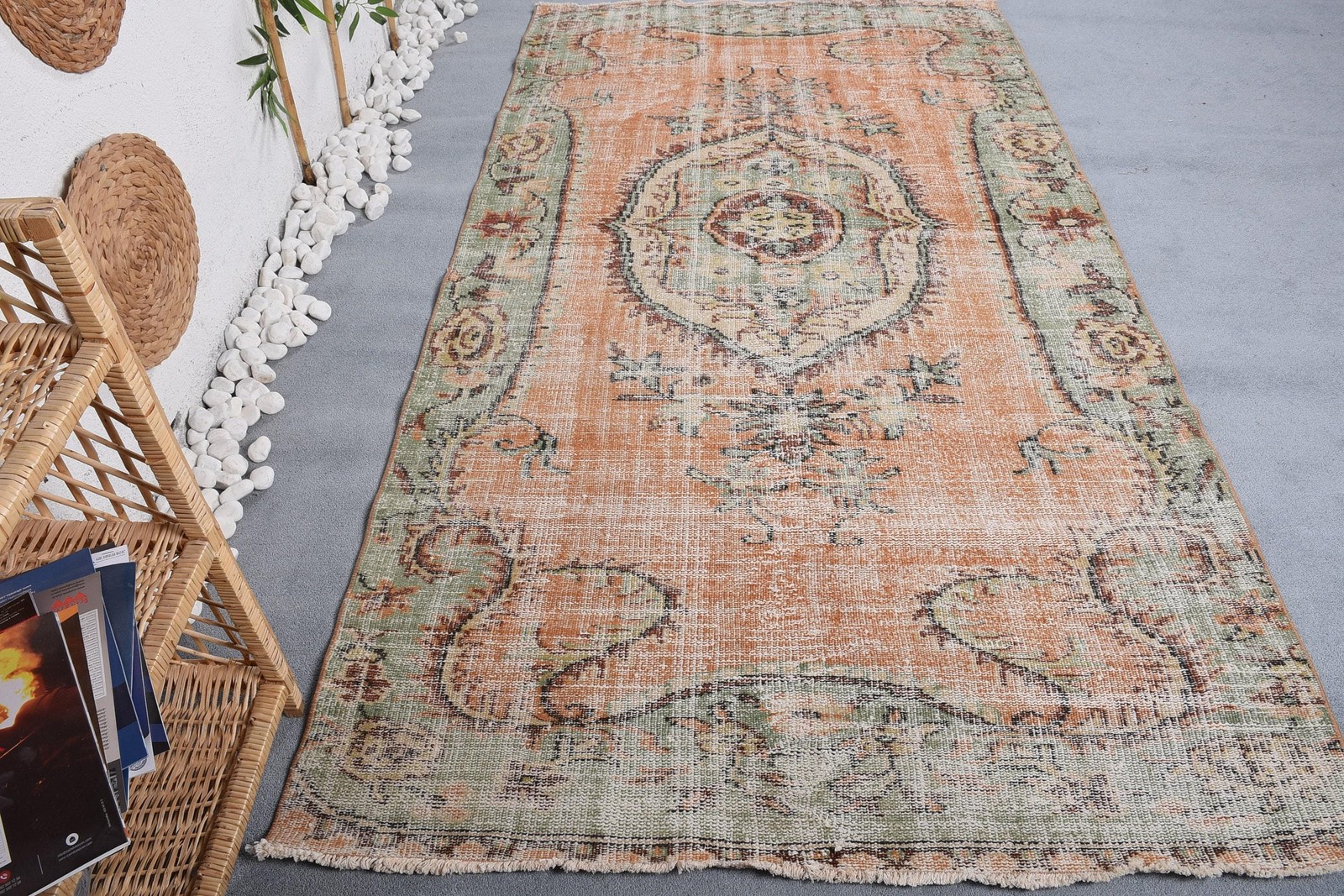 4,6×8,6 ft Area Turkish Vintage Rug, Orange Check Wool Rug