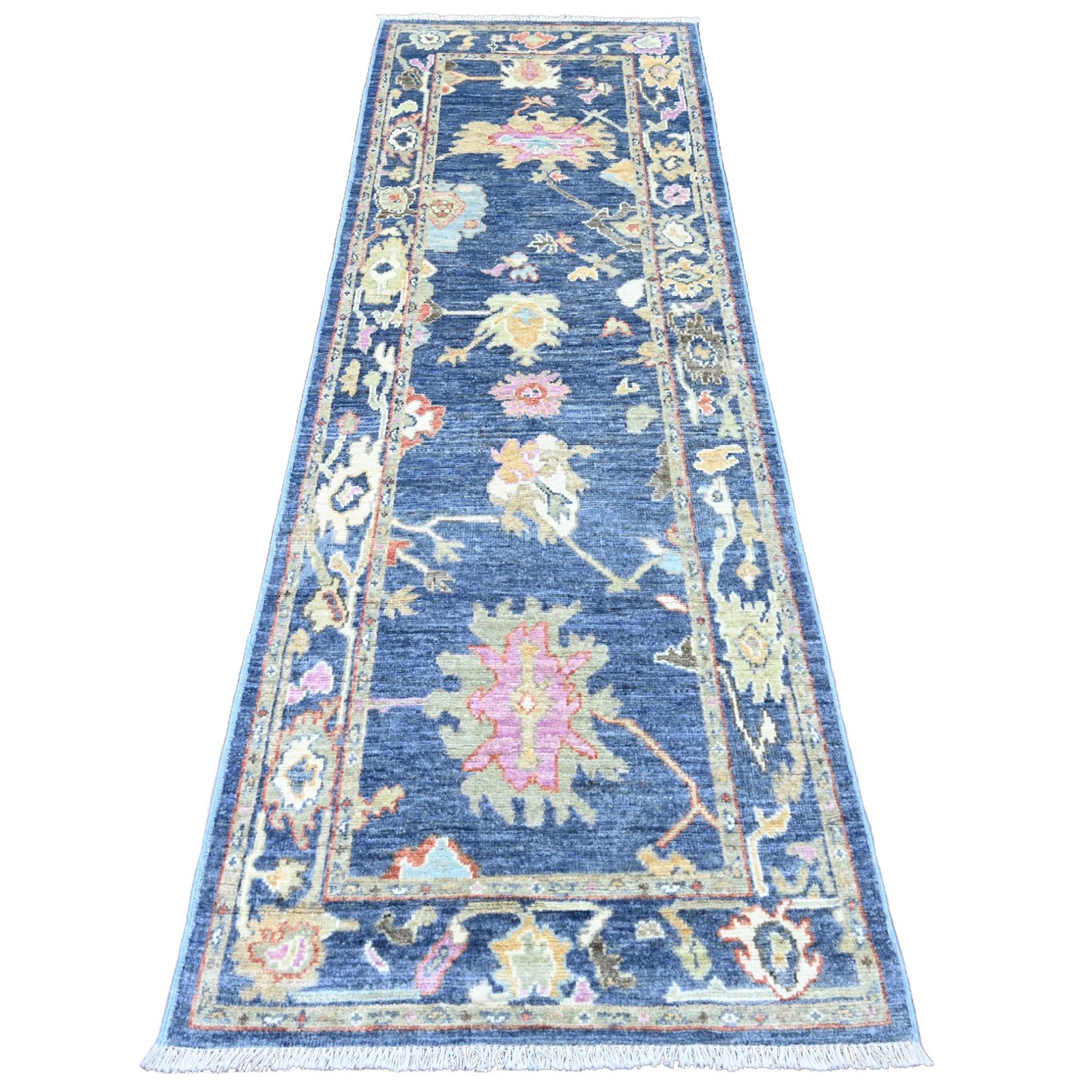 2’9″x8’6″ Blue Angora Oushak Floral Pattern Hand Knotted Wool Runner Rug R20662