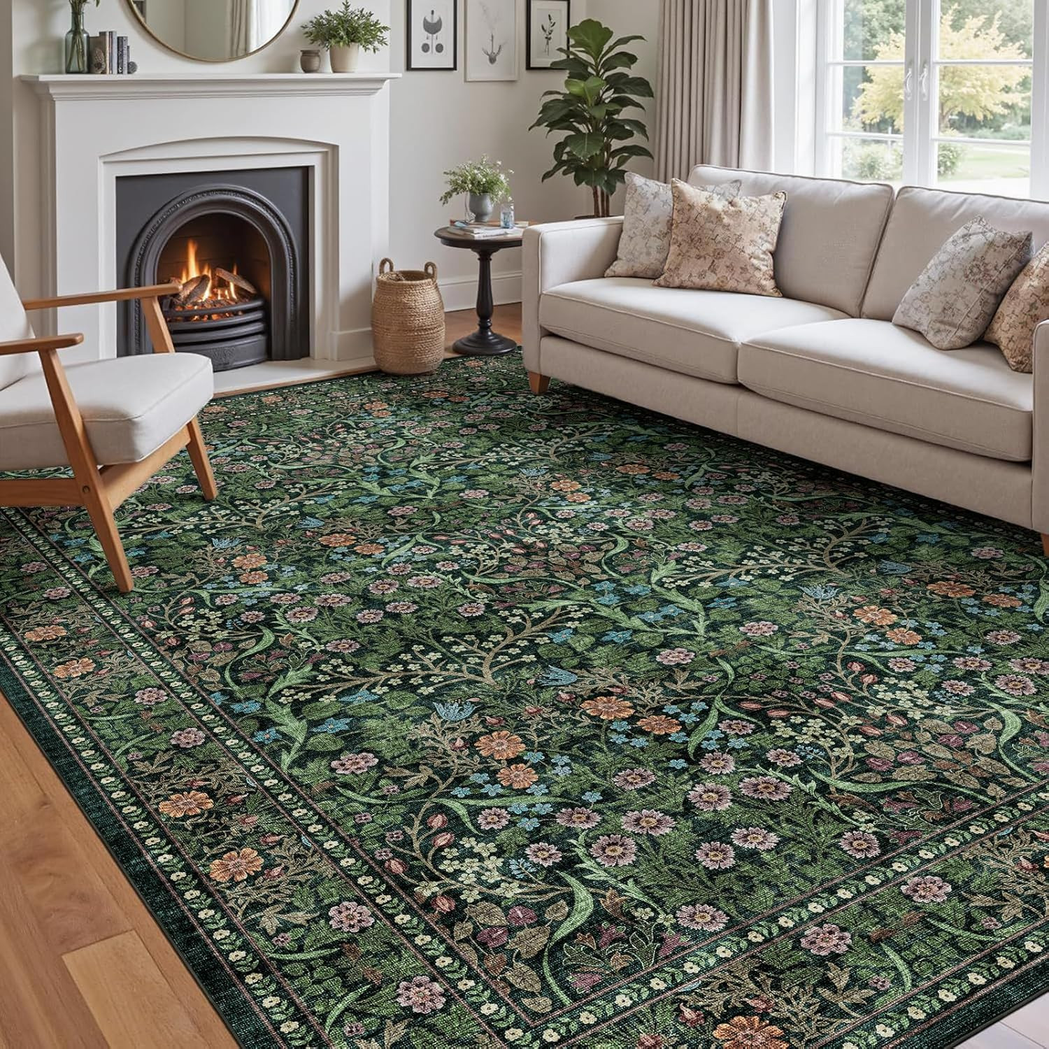 Large Washable Floral Rug – 9×12 Dark Green Boho Area Carpet for Living Room