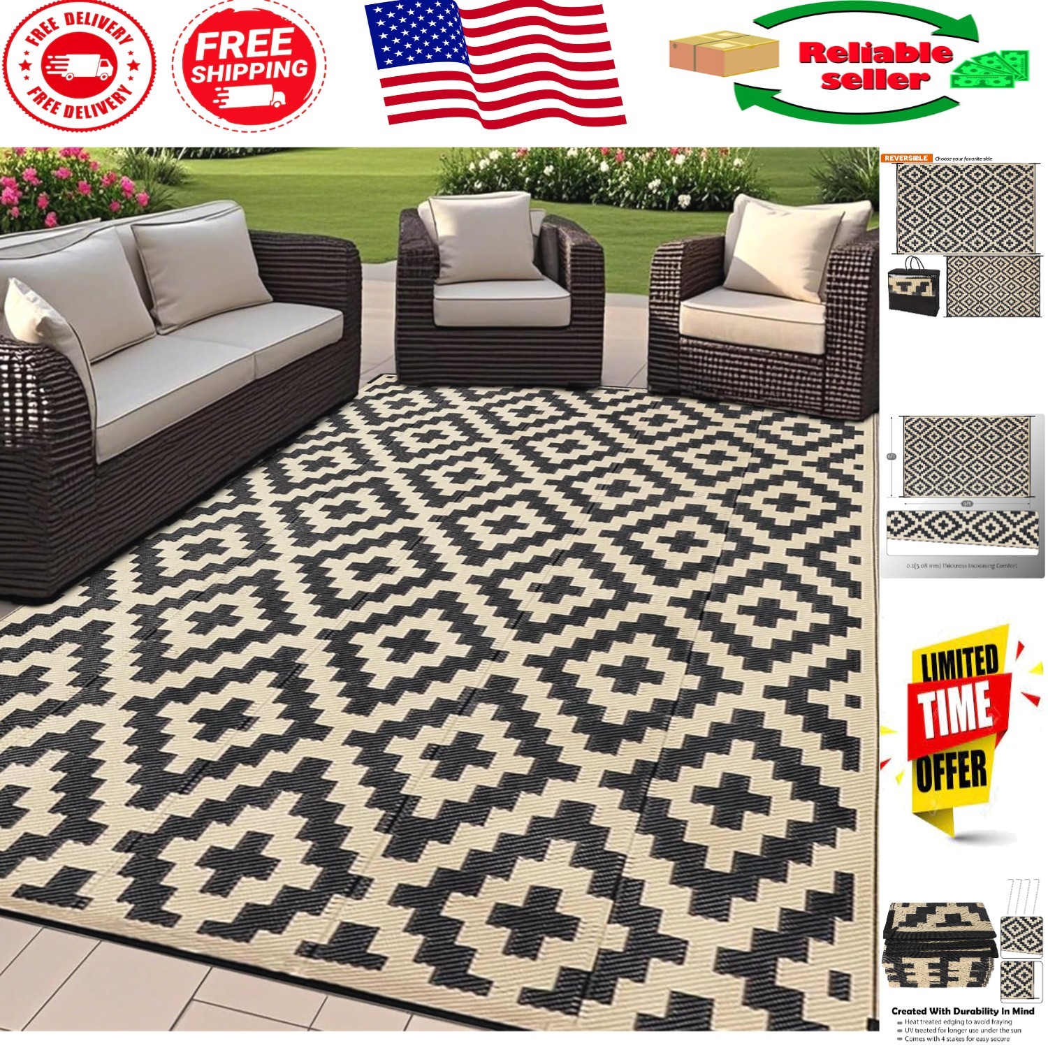 Reversible Outdoor Plastic Straw Rug – 6′ x 9′ Modern Area Rug for Patios
