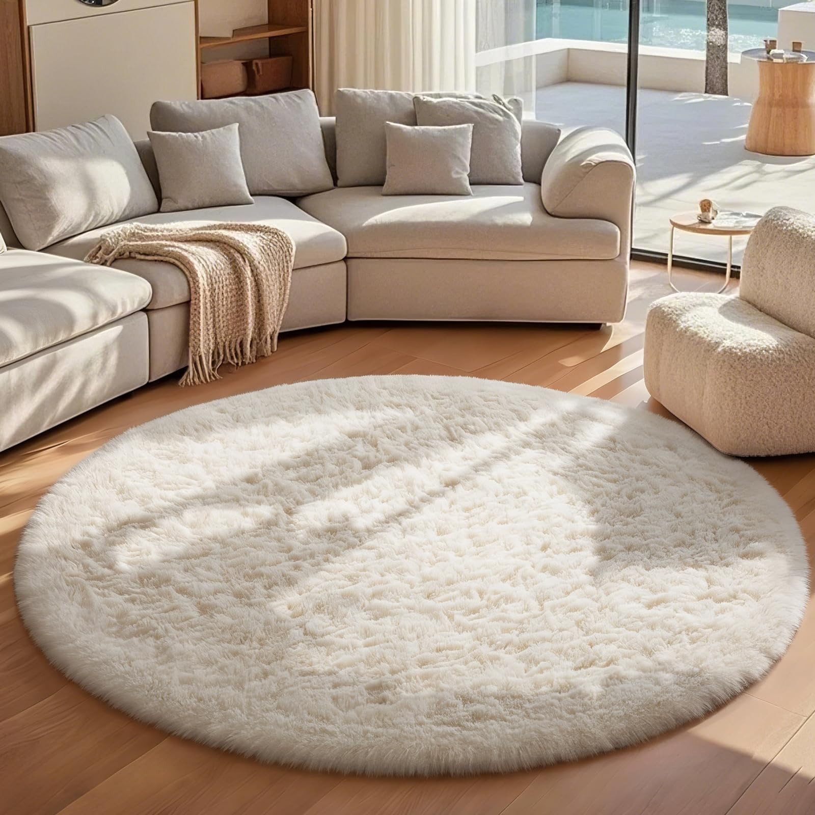 Round Rugs 7Ft Ivory Circle Area Rug Washable, Living Room Aesthetic Decor, F…