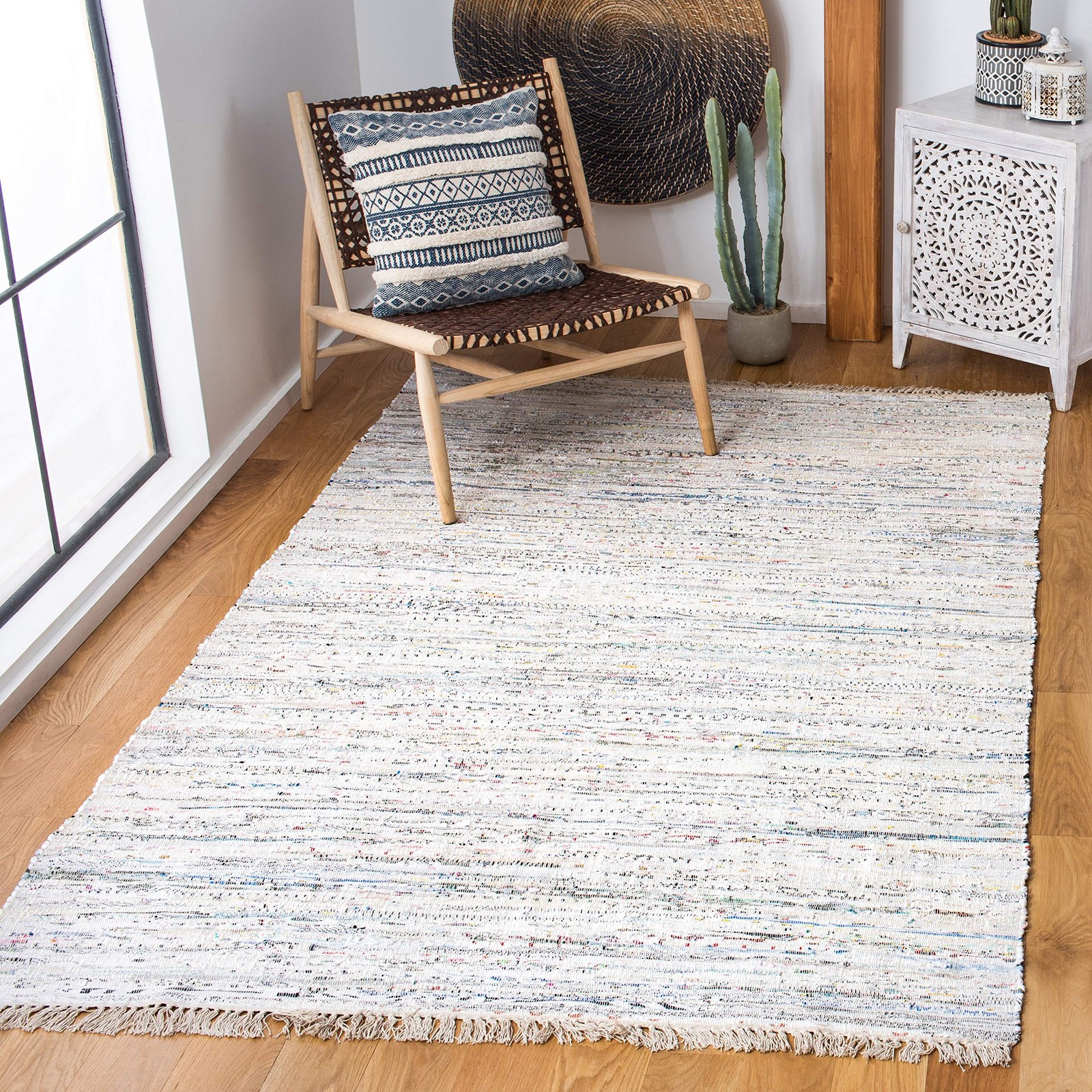 Rag Rug Collection Area Rug – 4′ Square, Ivory & Multi, Handmade Boho Stripe …