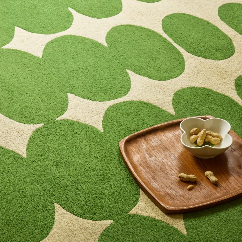 Luxury Soft Rug Optical Oval Rug Green Cream 100% Wool Hand Tufted Living Rooms