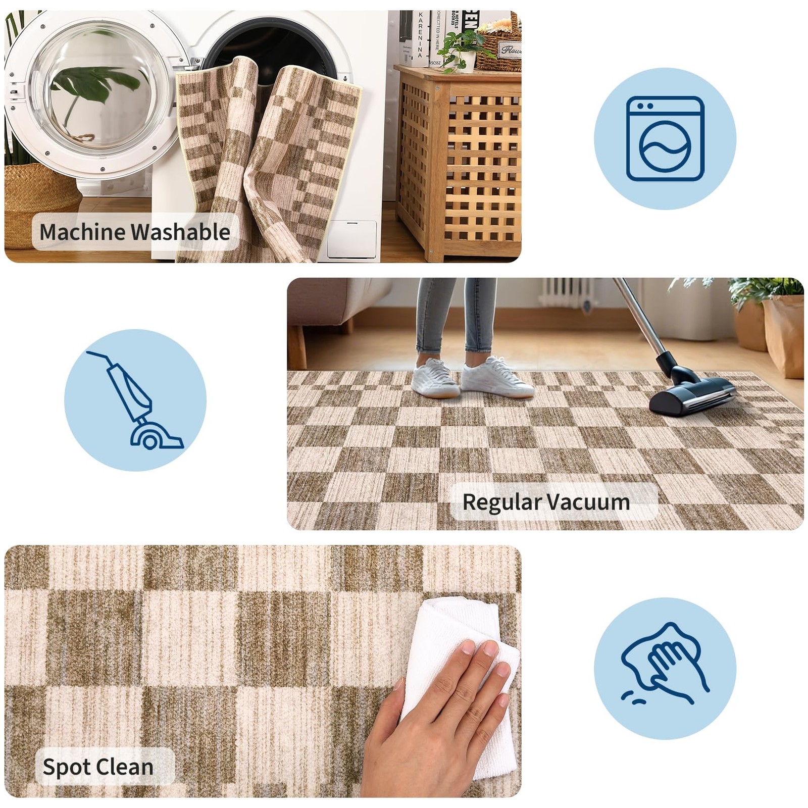 8×10 Area Rug Machine Washable Modern Brown Checkered Non-Slip – Living Room