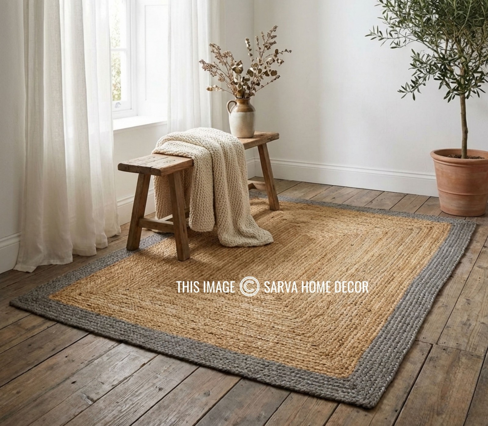 Rug Jute Carpet Mat Farmhouse 100% Natural Handmade Braided Modern Rustic Look
