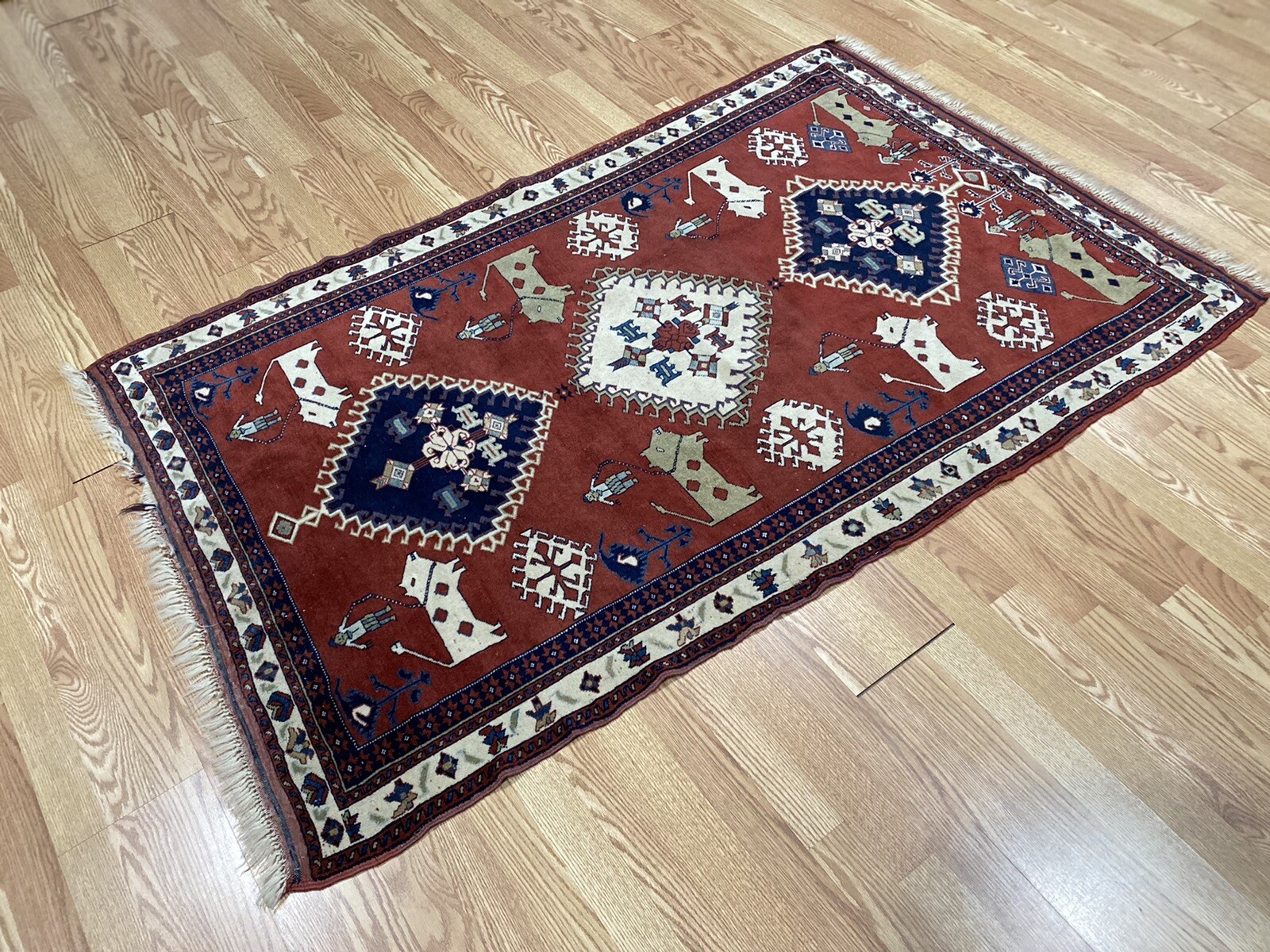Museum Piece Vintage Animal Man Pictorial Vegetable Dye Kurdi Area Rug Wool 4×6