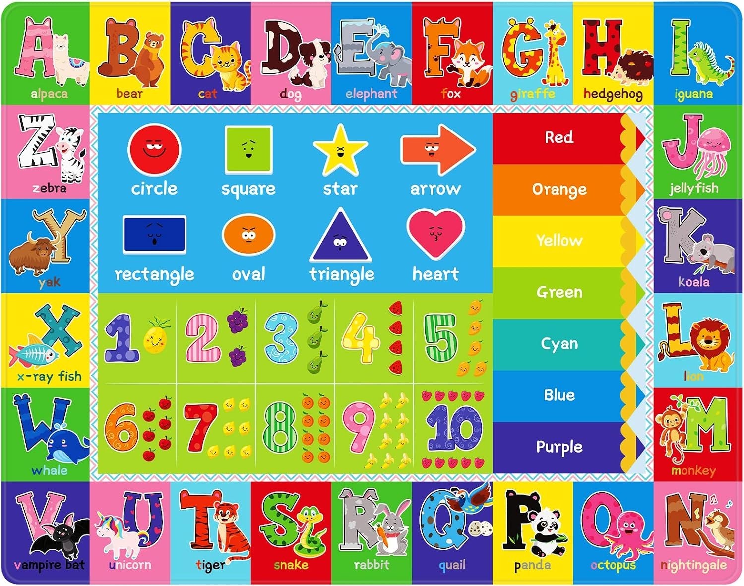 Non-Slip Cartoon Kids Rug – 5′ x 6’7″ Educational Play Mat with Colors & Numbers