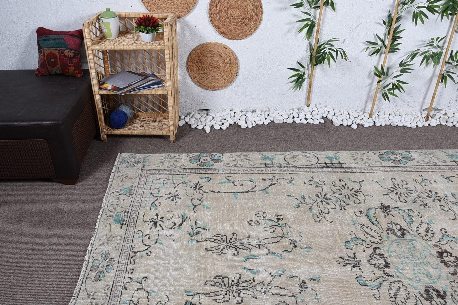Turkish Vintage Rug 6,5×9,9 ft, Beige Camouflage Rug