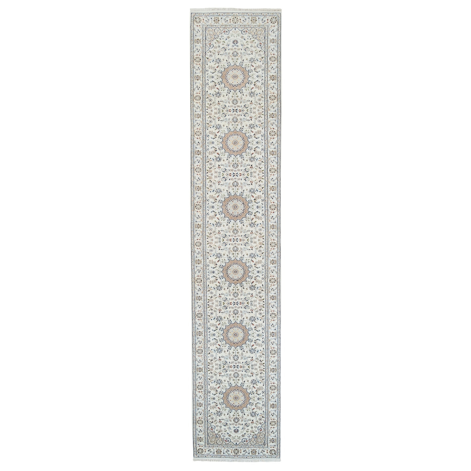 2’8″ x 13’3″ Ivory Nain 250 KPSI Wool and Silk Hand Knotted Runner Rug R63975