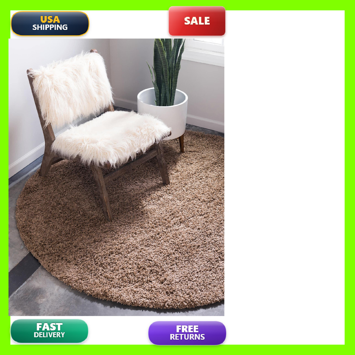 Unique Loom Solid Shag Collection Area Rug 5 1 Round Sandy Brown 3151423