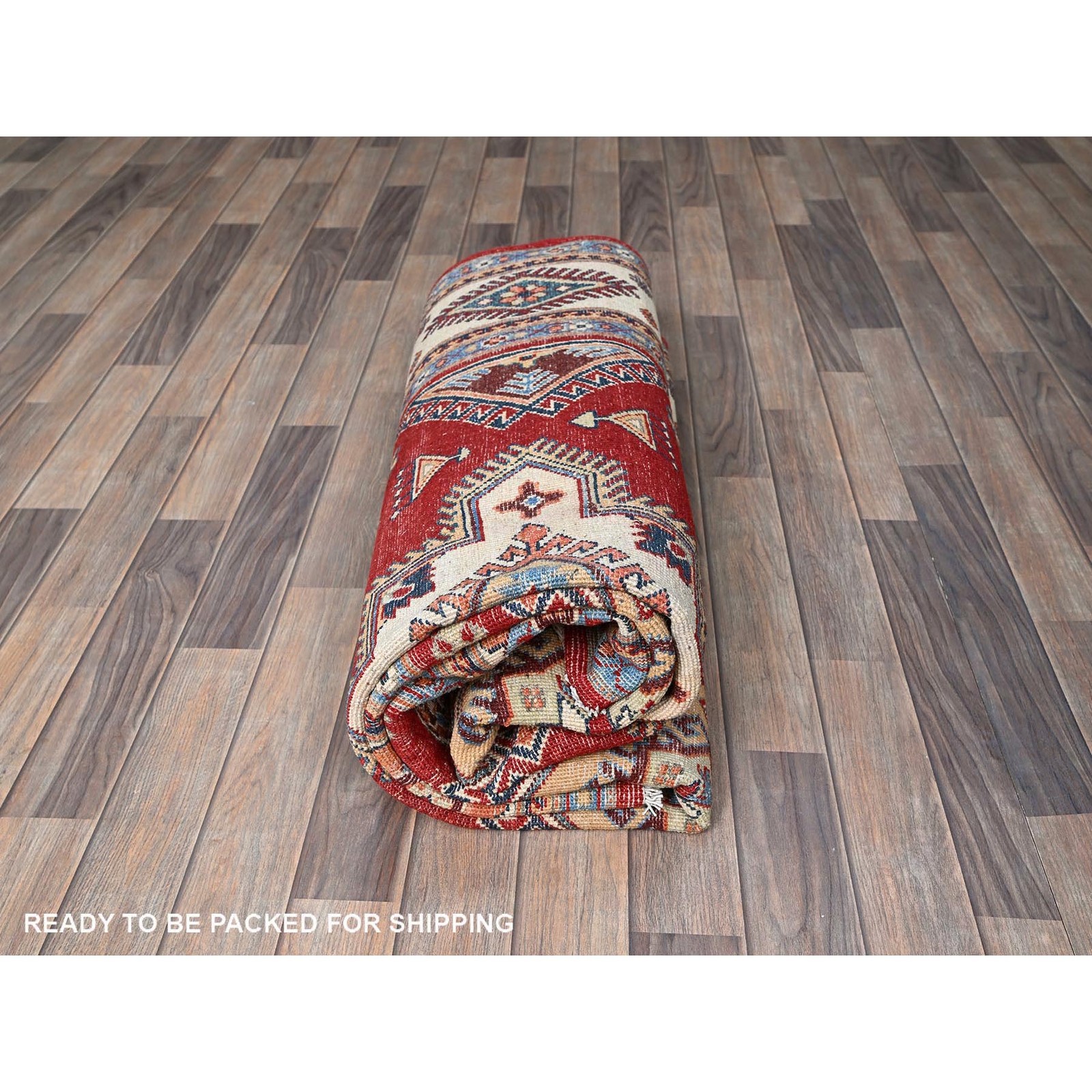 6’x8’10” Red Afghan Special Kazak Geometric Pattern Hand Knotted Wool Rug R315