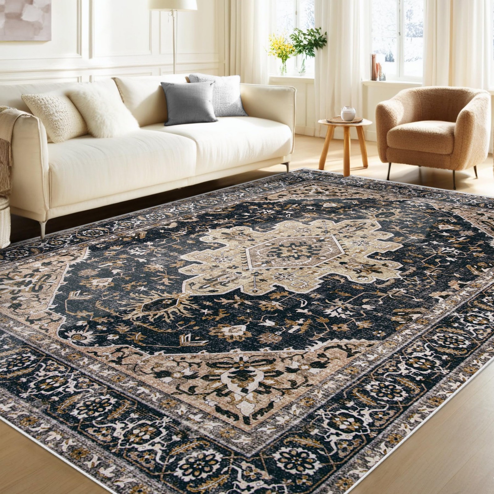 Vintage 5×7 Washable Area Rug Retro Medallion Distressed Living Room Bedroom
