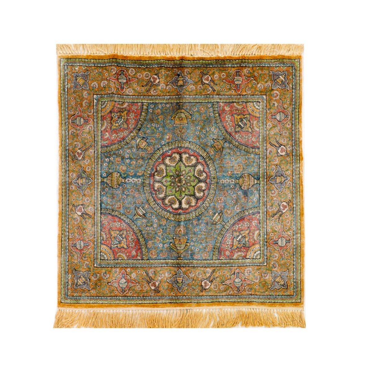 2.5×2.5ft Handmade Silk Rug Small Square Blue hand-knotted Vintage Carpet 876A