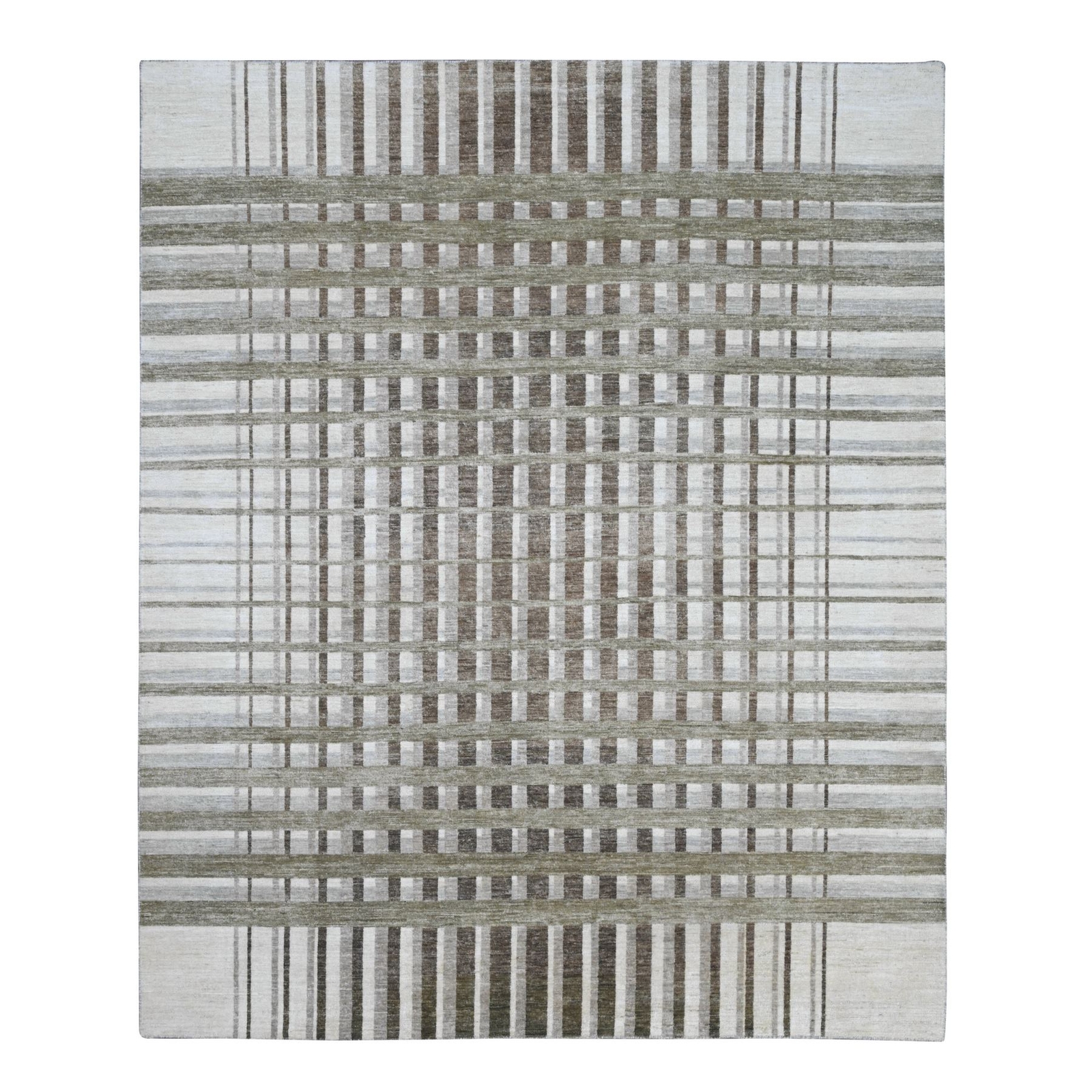 8’x9’9″ Brown Bauhaus Inspired Line Design Hand Knotted Soft Wool Rug R89773