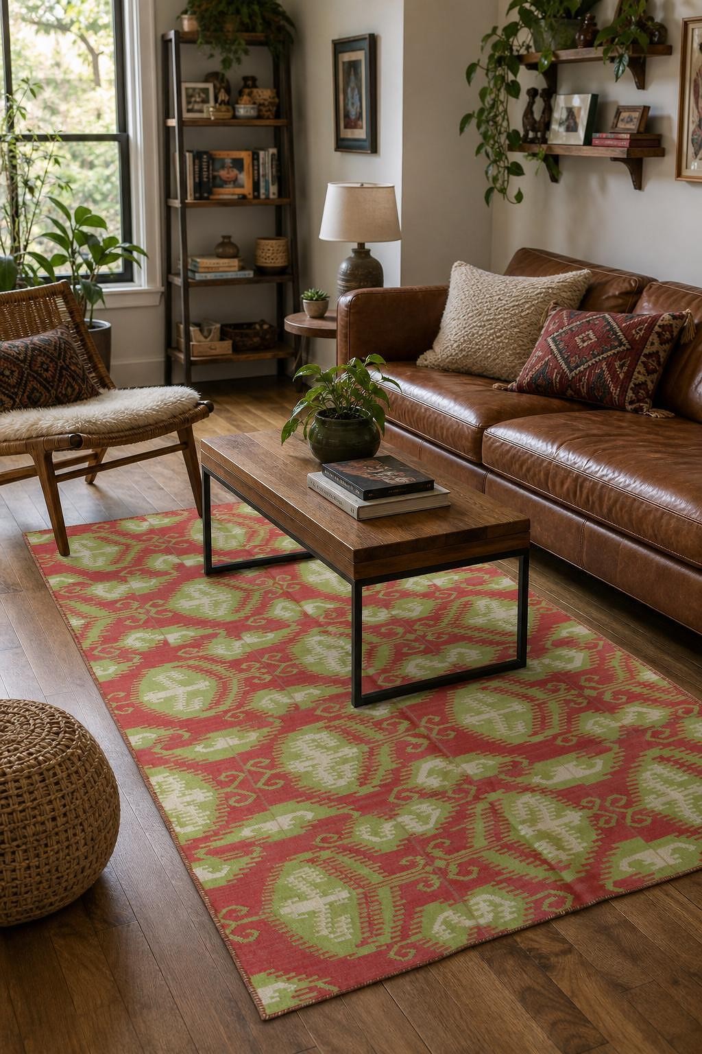 Flat-Weave Modern Pink & Sage Green 5×8 Hand-Knotted Wool Indian Wool Area Rug