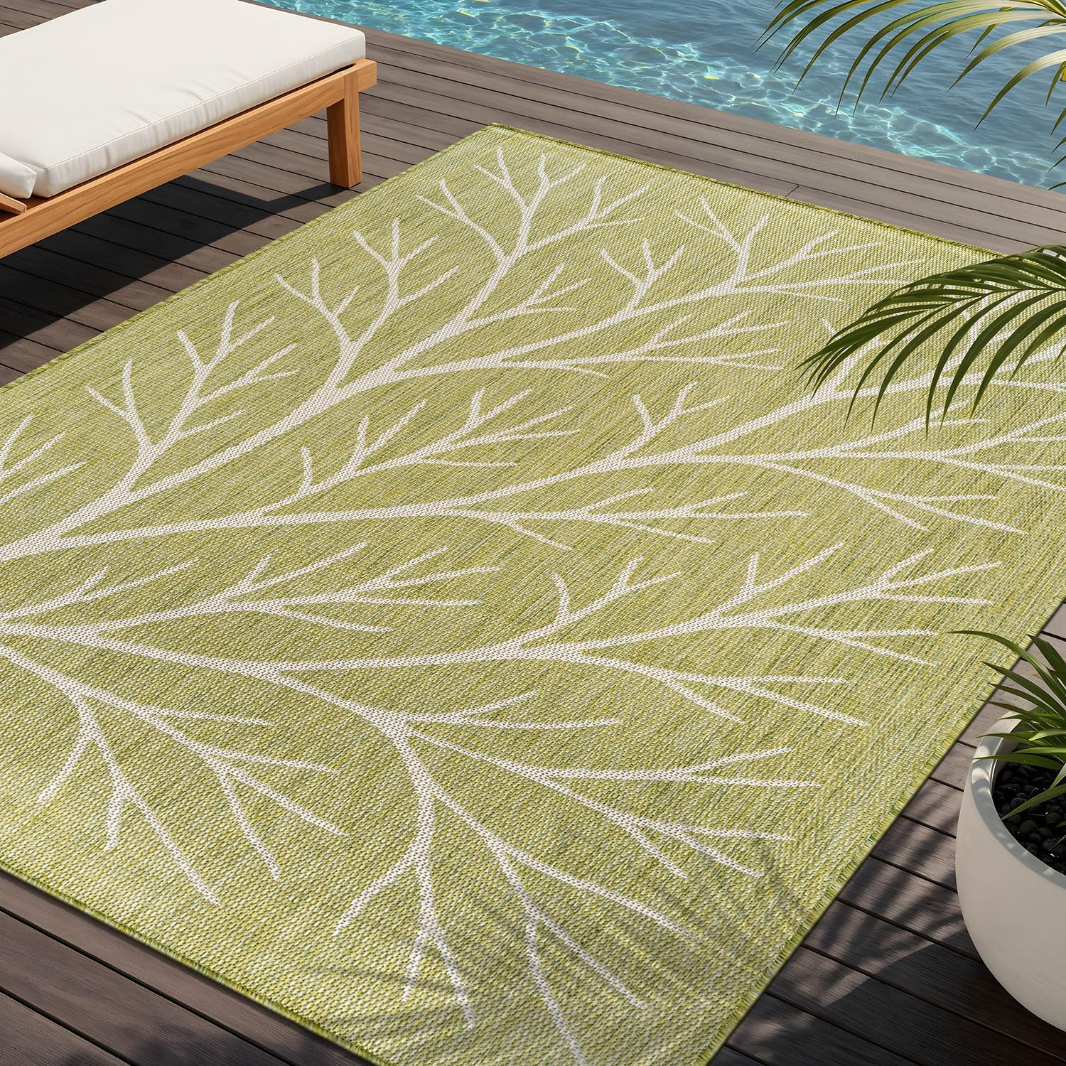 Olive 9×12 Washable Indoor Outdoor Rug – Modern Branch Pattern, Easy Clean