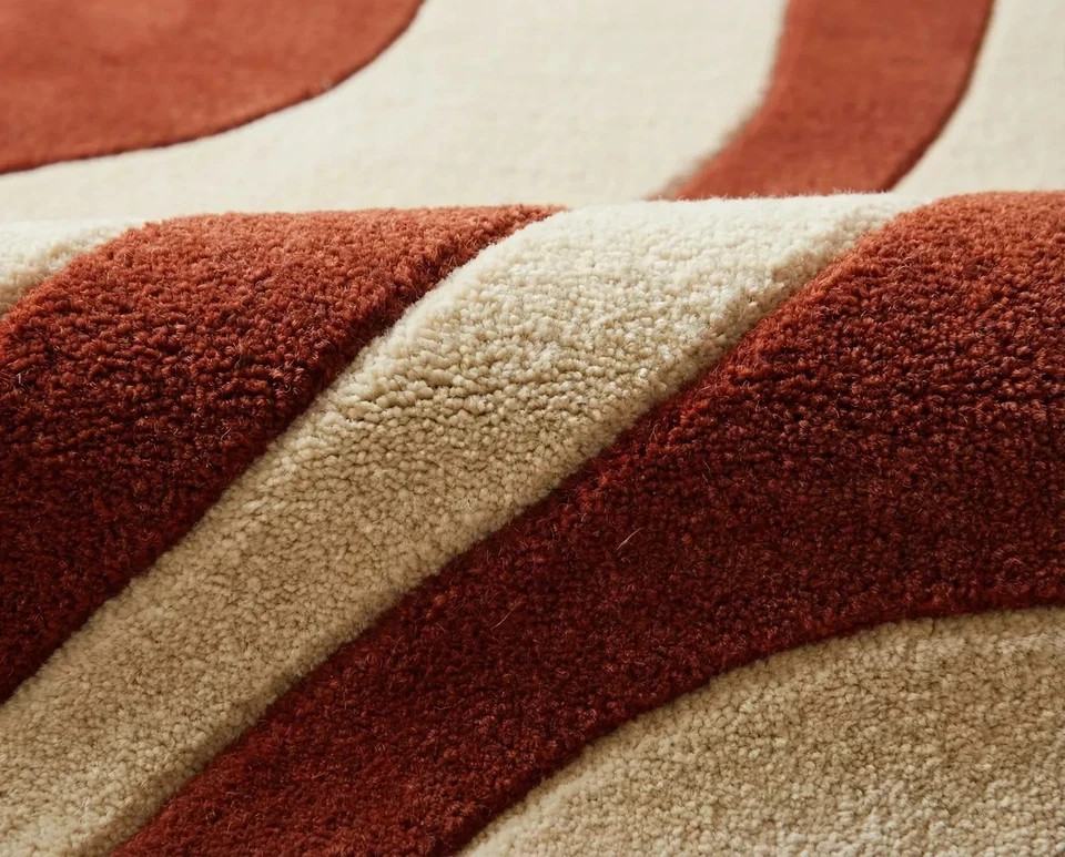 Modern Hand Tufted Rust Cream Area Rug Abstract Wave Pattern Living Room Wool Ca