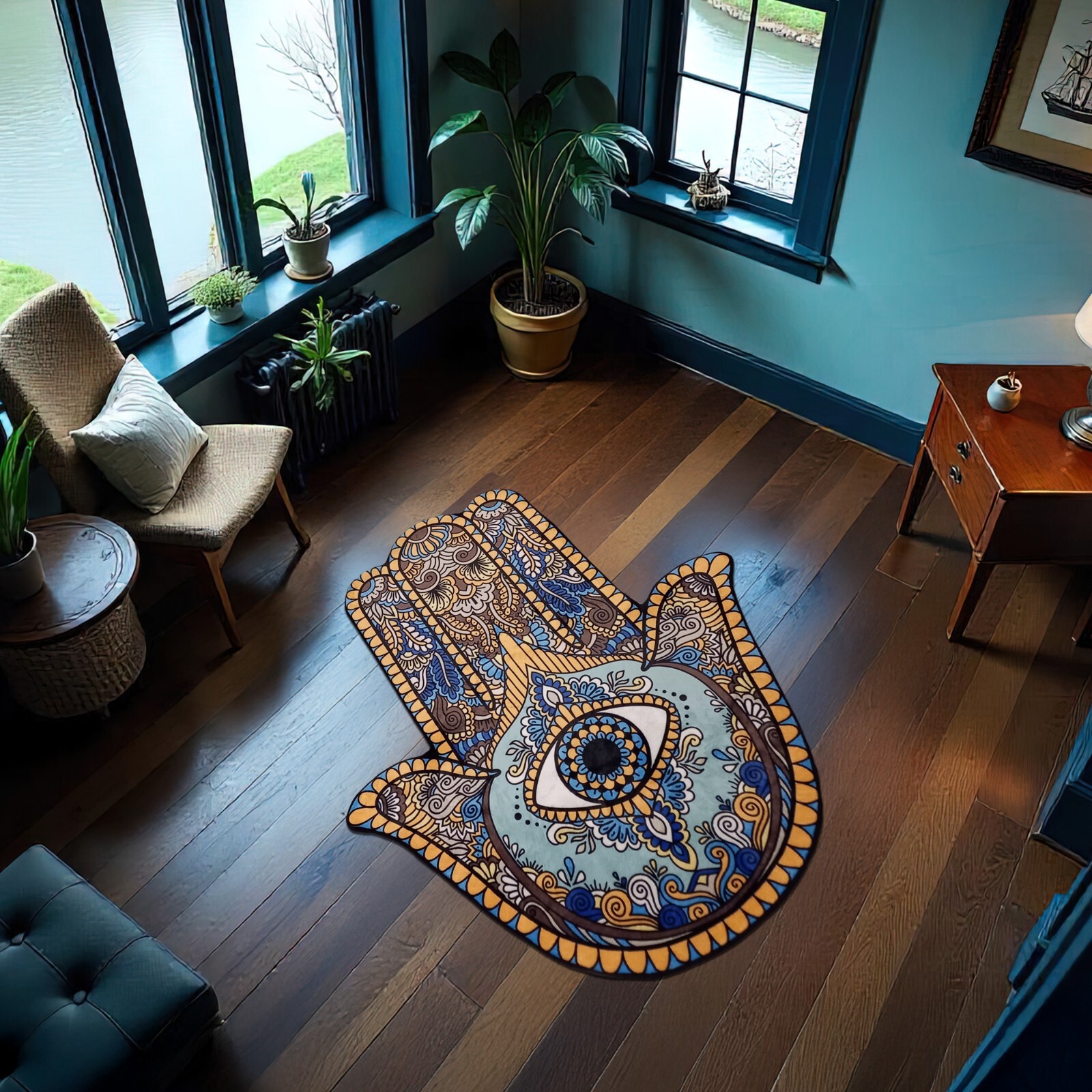 Hamsa Hand Rug Evil Eye Carpet Irregular Shape Fatima Boho Spiritual Decor Mat