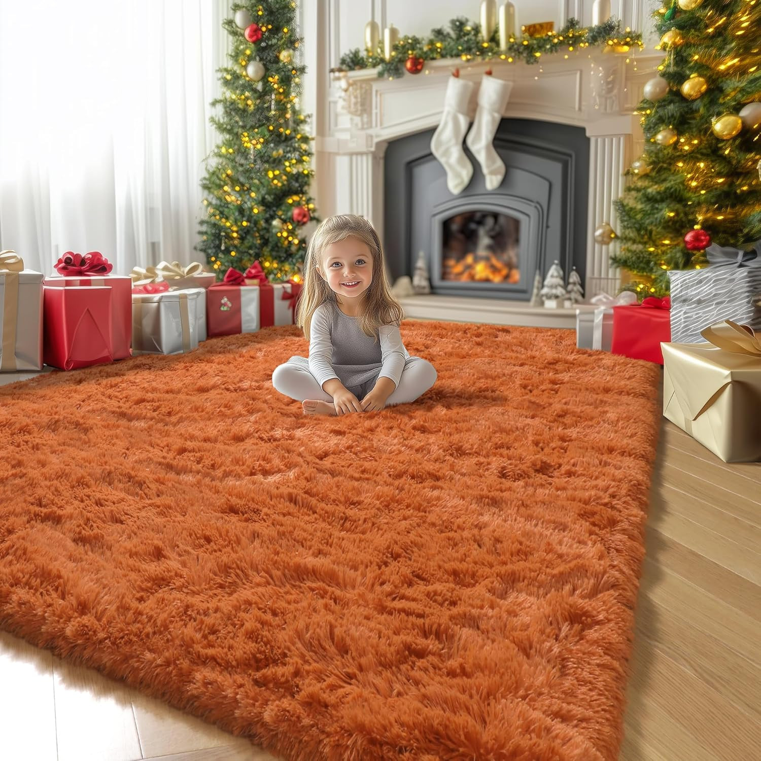 Burnt Orange Shag Area Rug 6×9 – Cozy Plush Carpet for Kids’ Rooms