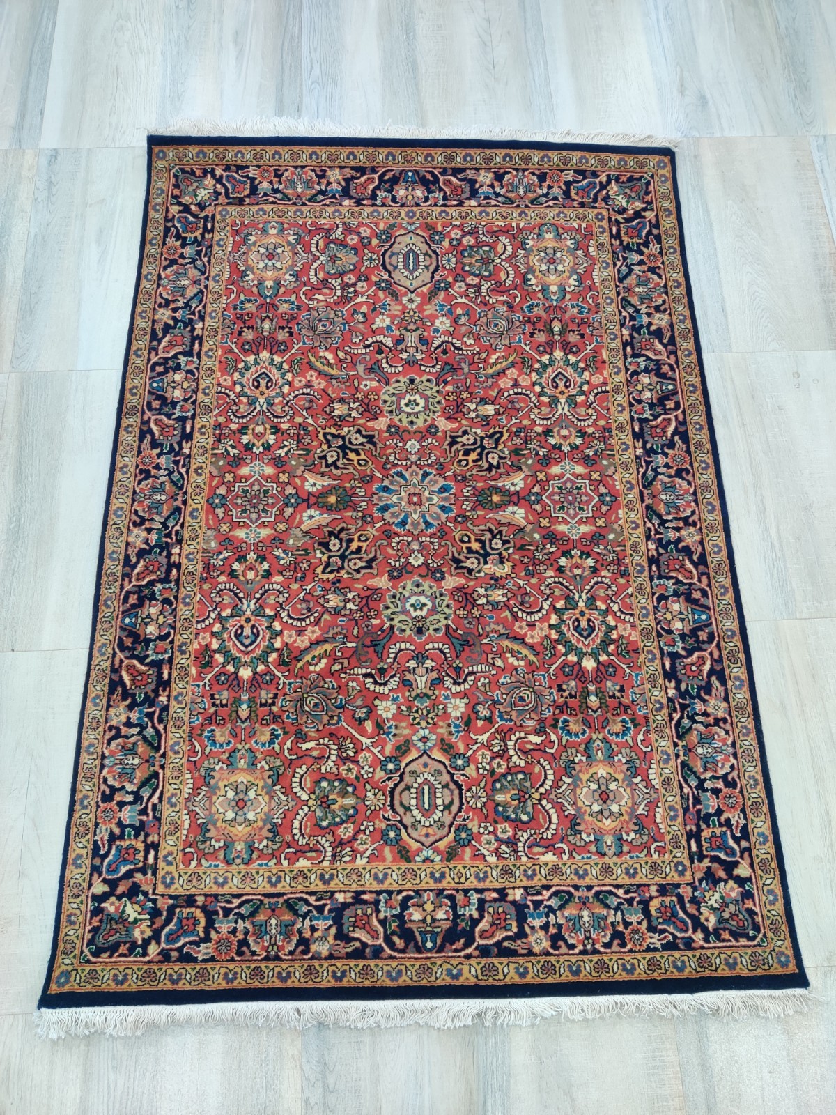Vintage Hand Knotted Rug 4 x 6 Oriental Bijar 100% Wool Handmade Rust/Blue