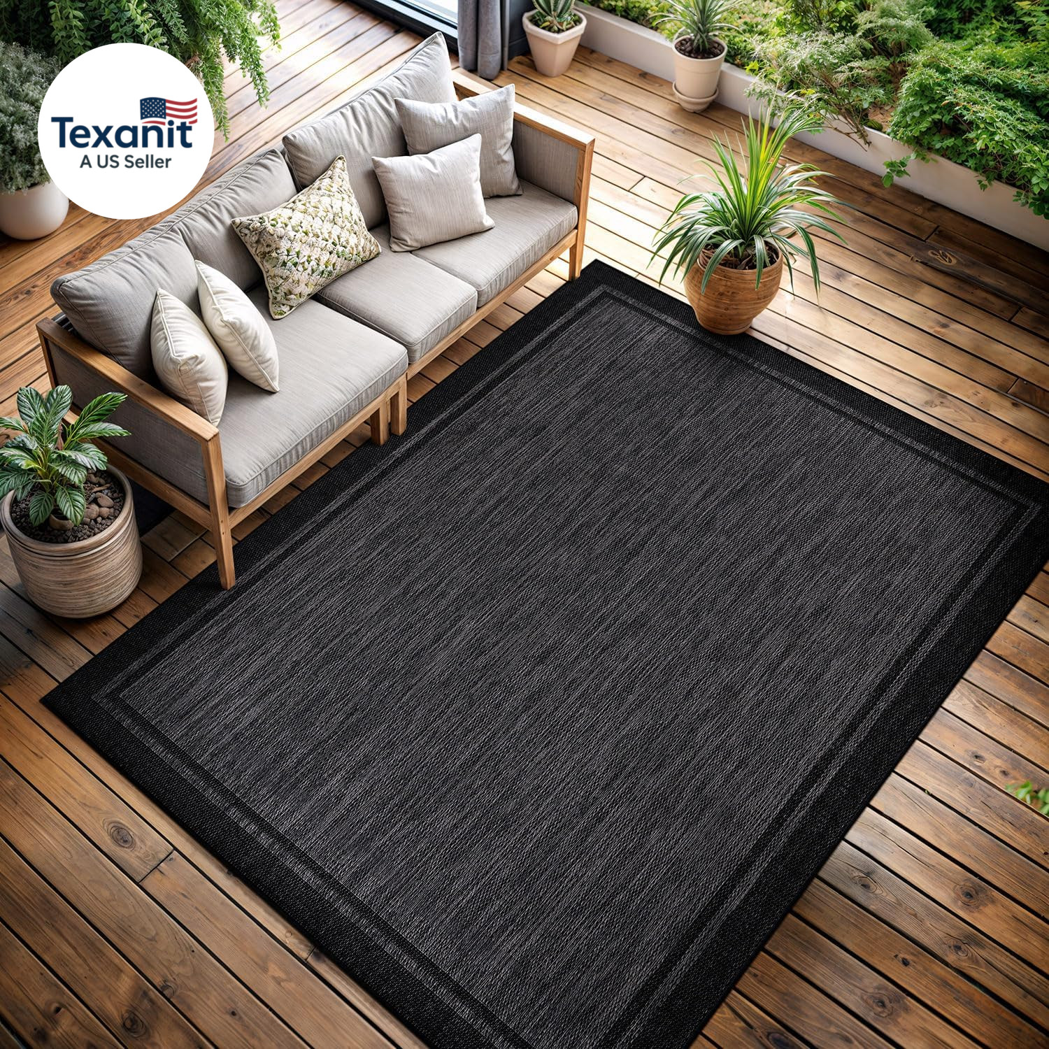 Indoor Outdoor Rug, 9X12 Bordered Dark Grey Black Modern Large Area Rugs for Ind