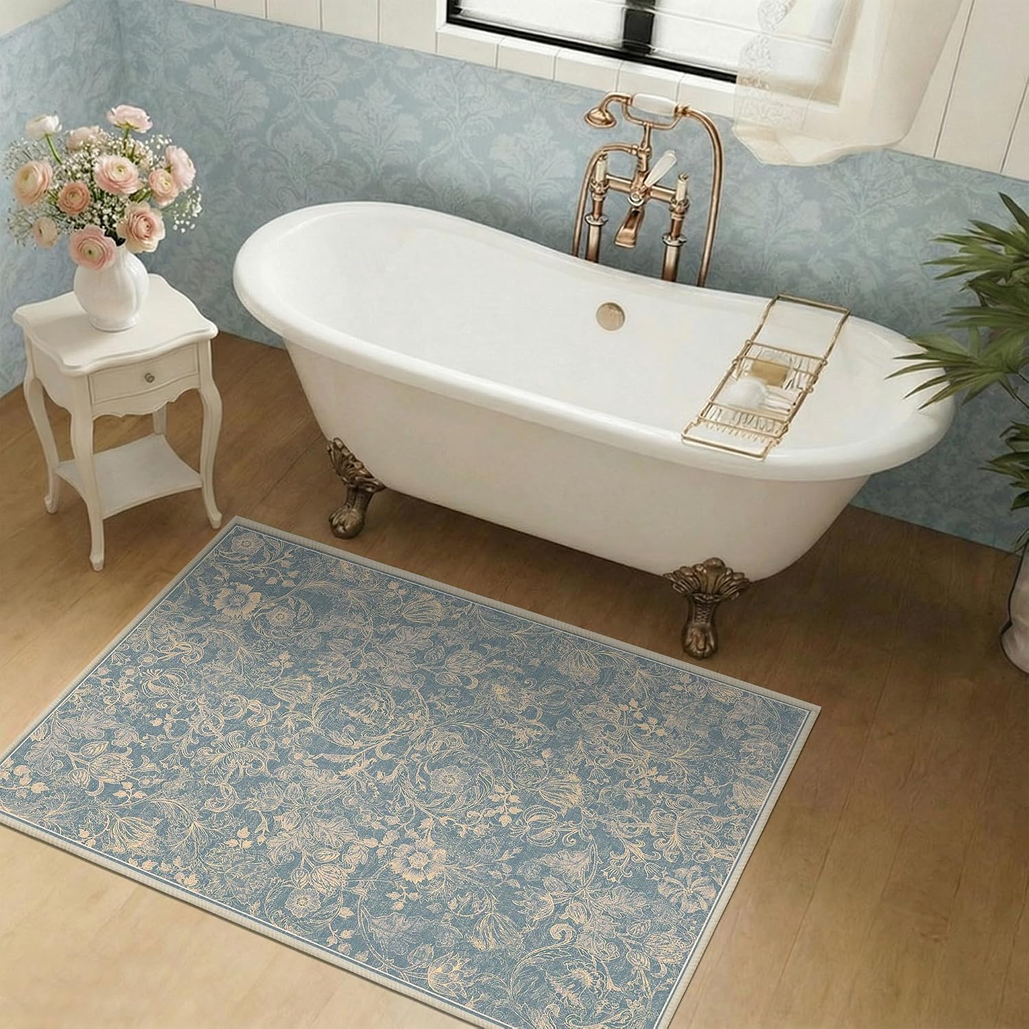 Washable Floral Area Rug 2×3, Vintage Farmhouse Botanical Rug, Non Slip Low Pile