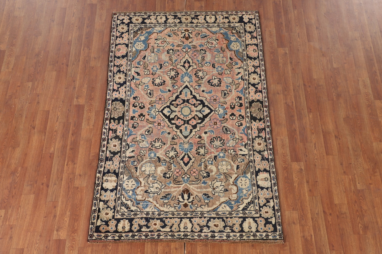 Antique Pink/ Navy Blue Floral Wool Hand-made Mahal Traditional Floral Rug 4×6