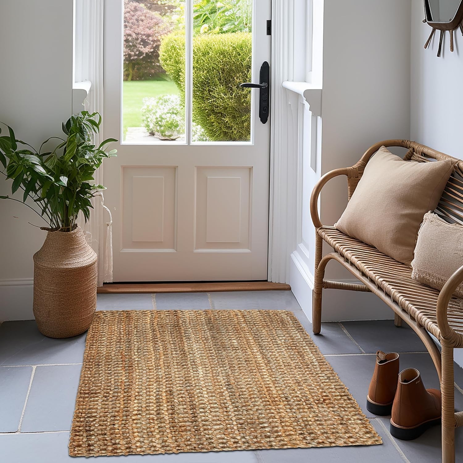 Handwoven Jute Area Rug 4×6 Tan Beige Farmhouse