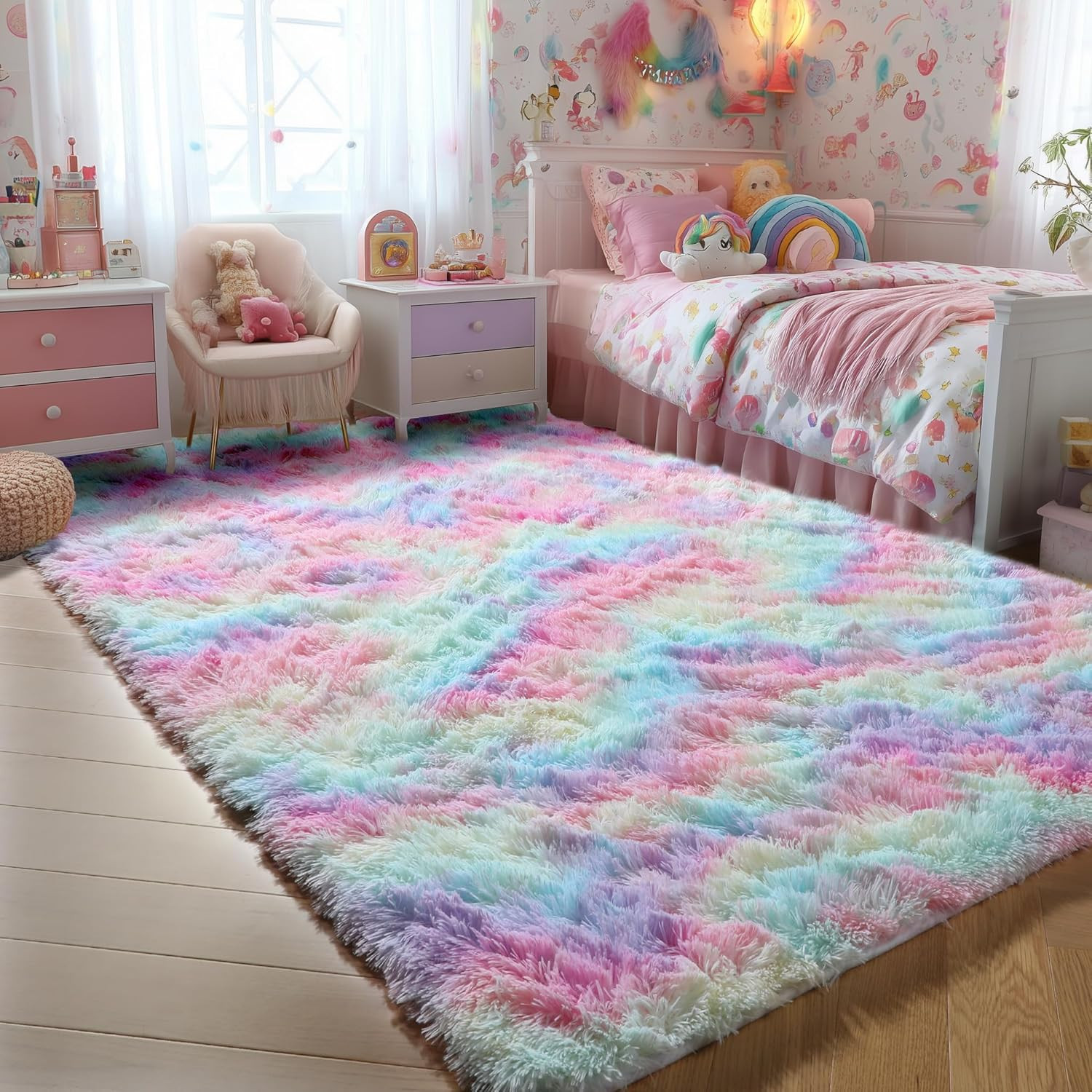 Vibrant 8X10 Rainbow Plush Area Rug for Kids & Girls’ Rooms